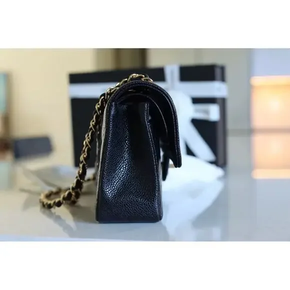 Chanel authentic 2021 Classic Small Black Caviar Flap Bag purse Gold chain - Picture 7 of 15